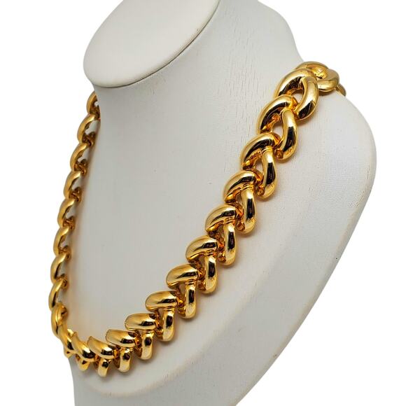 Chunky Gold Tone Link Necklace Retro Statement Chain Bold Boho 80s 90s Designer - Picture 3 of 7